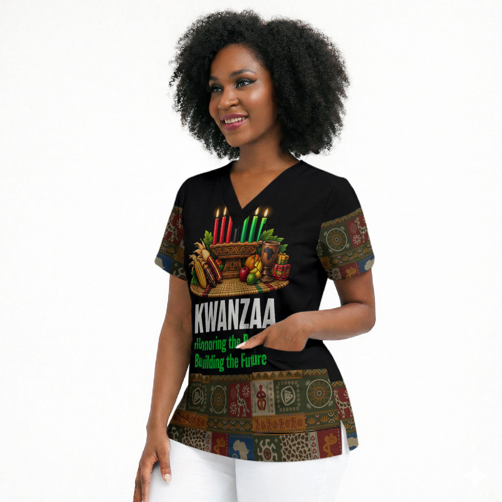 Kwanzaa Honoring The Roots Scrub Top Pan African Kinara Unity Traditional Tribal Art