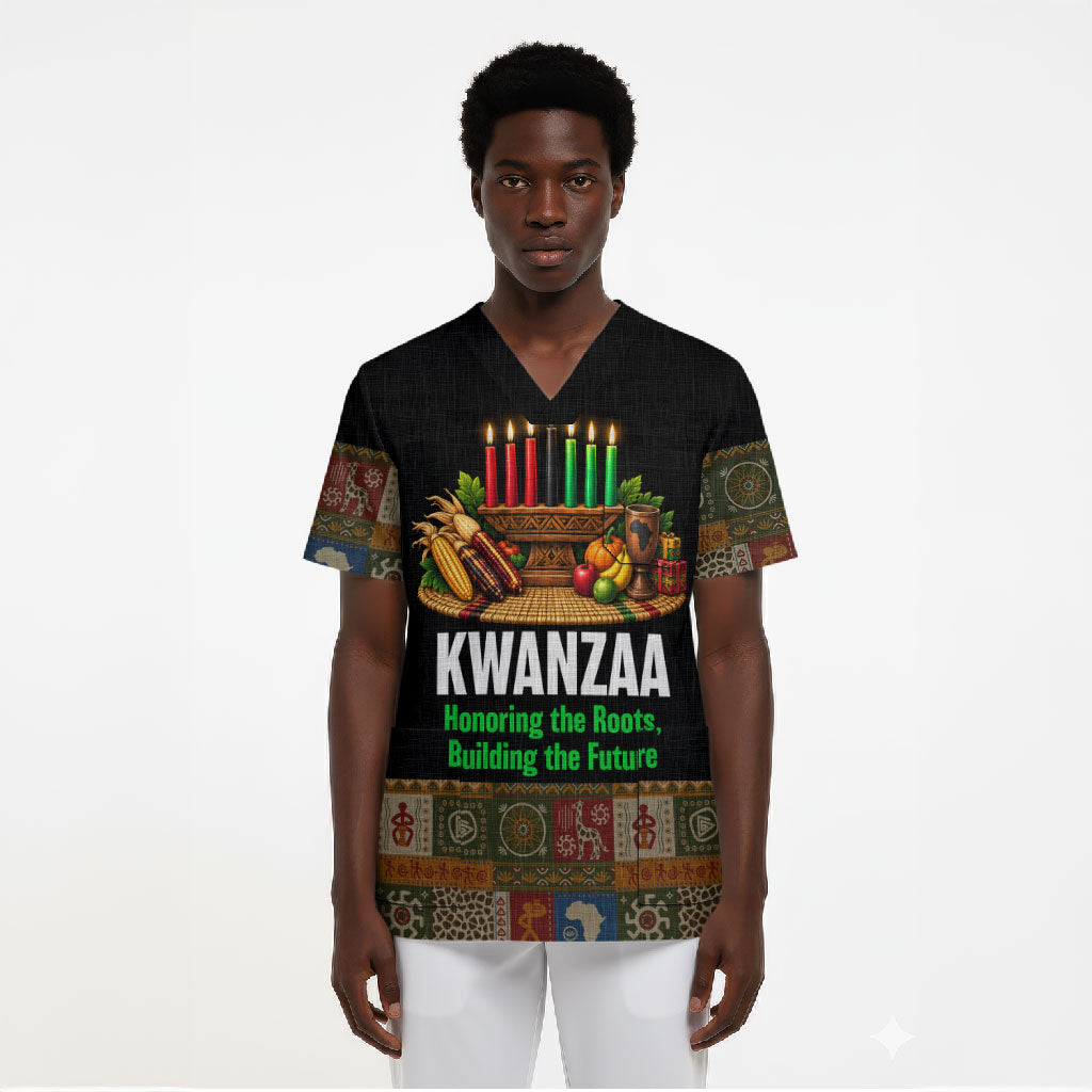 Kwanzaa Honoring The Roots Scrub Top Pan African Kinara Unity Traditional Tribal Art