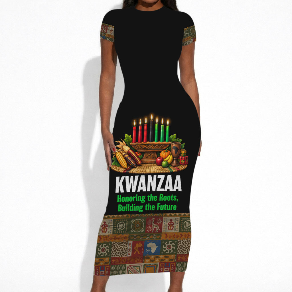 Kwanzaa Honoring The Roots Short Sleeve Bodycon Dress Pan African Kinara Unity Traditional Tribal Art