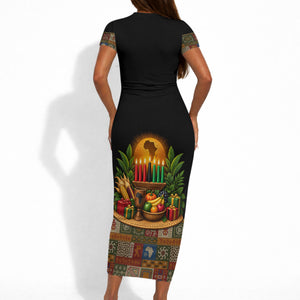 Kwanzaa Honoring The Roots Short Sleeve Bodycon Dress Pan African Kinara Unity Traditional Tribal Art