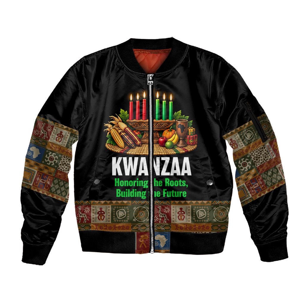 Kwanzaa Honoring The Roots Sleeve Zip Bomber Jacket Pan African Kinara Unity Traditional Tribal Art