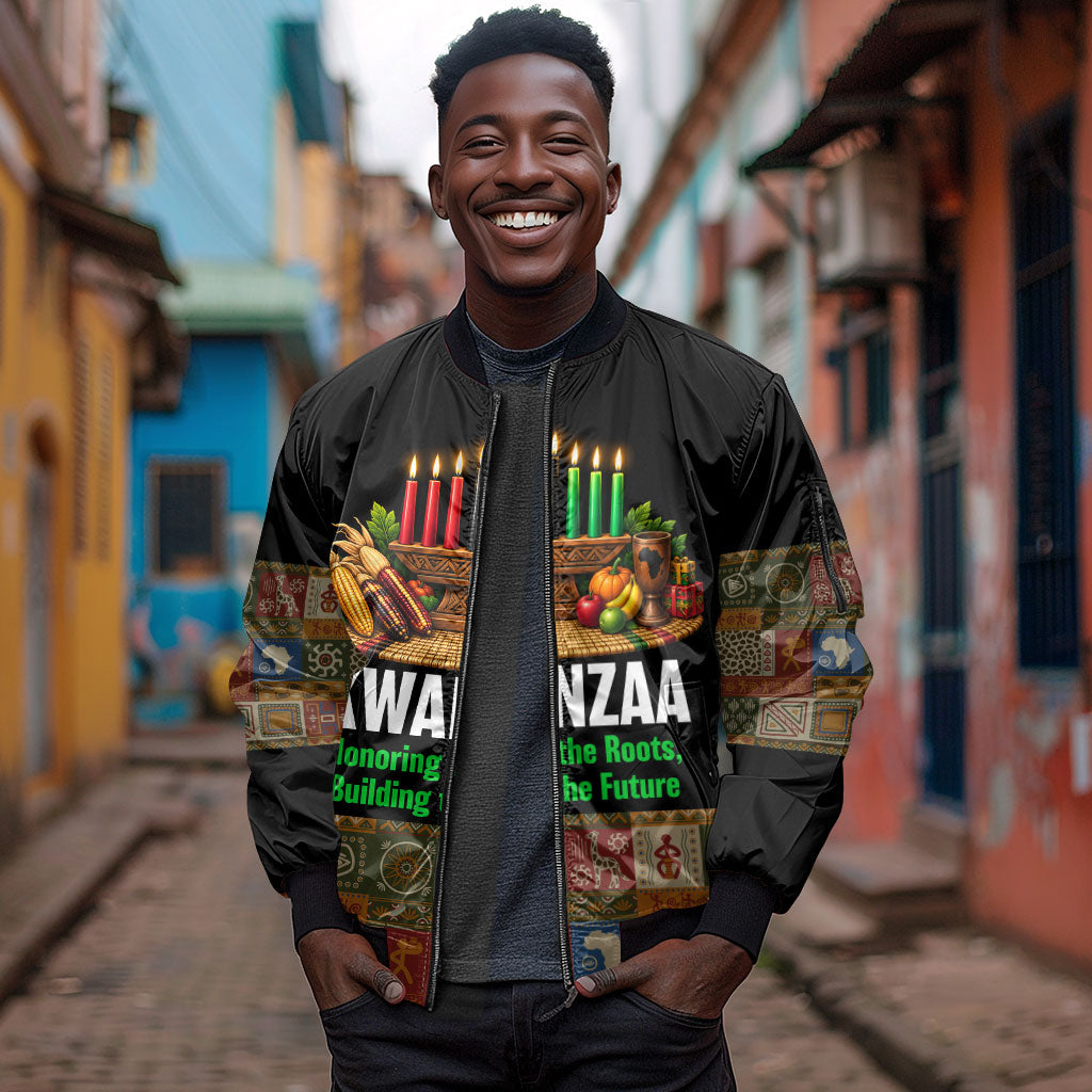 Kwanzaa Honoring The Roots Sleeve Zip Bomber Jacket Pan African Kinara Unity Traditional Tribal Art