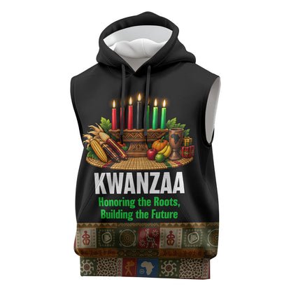 Kwanzaa Honoring The Roots Sleeveless Hoodie Pan African Kinara Unity Traditional Tribal Art