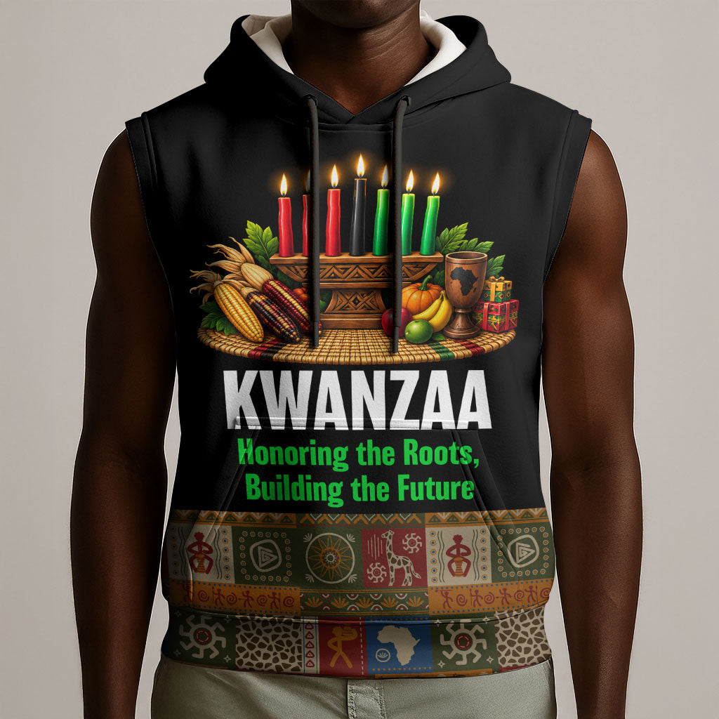 Kwanzaa Honoring The Roots Sleeveless Hoodie Pan African Kinara Unity Traditional Tribal Art