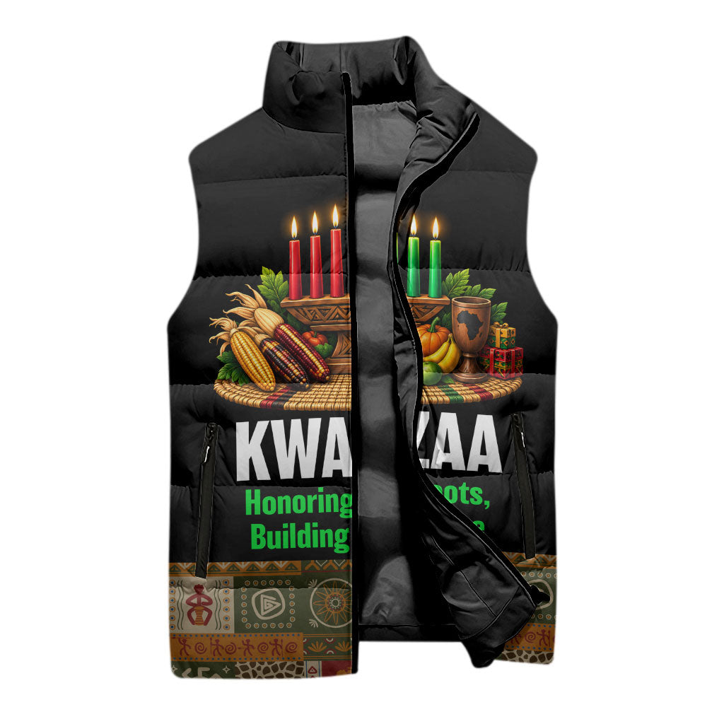 Kwanzaa Honoring The Roots Sleeveless Puffer Jacket Pan African Kinara Unity Traditional Tribal Art