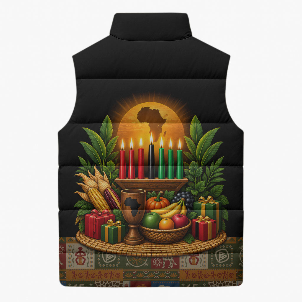 Kwanzaa Honoring The Roots Sleeveless Puffer Jacket Pan African Kinara Unity Traditional Tribal Art