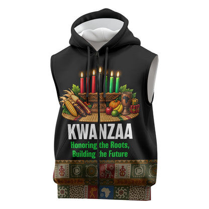 Kwanzaa Honoring The Roots Sleeveless Zip Hoodie Pan African Kinara Unity Traditional Tribal Art