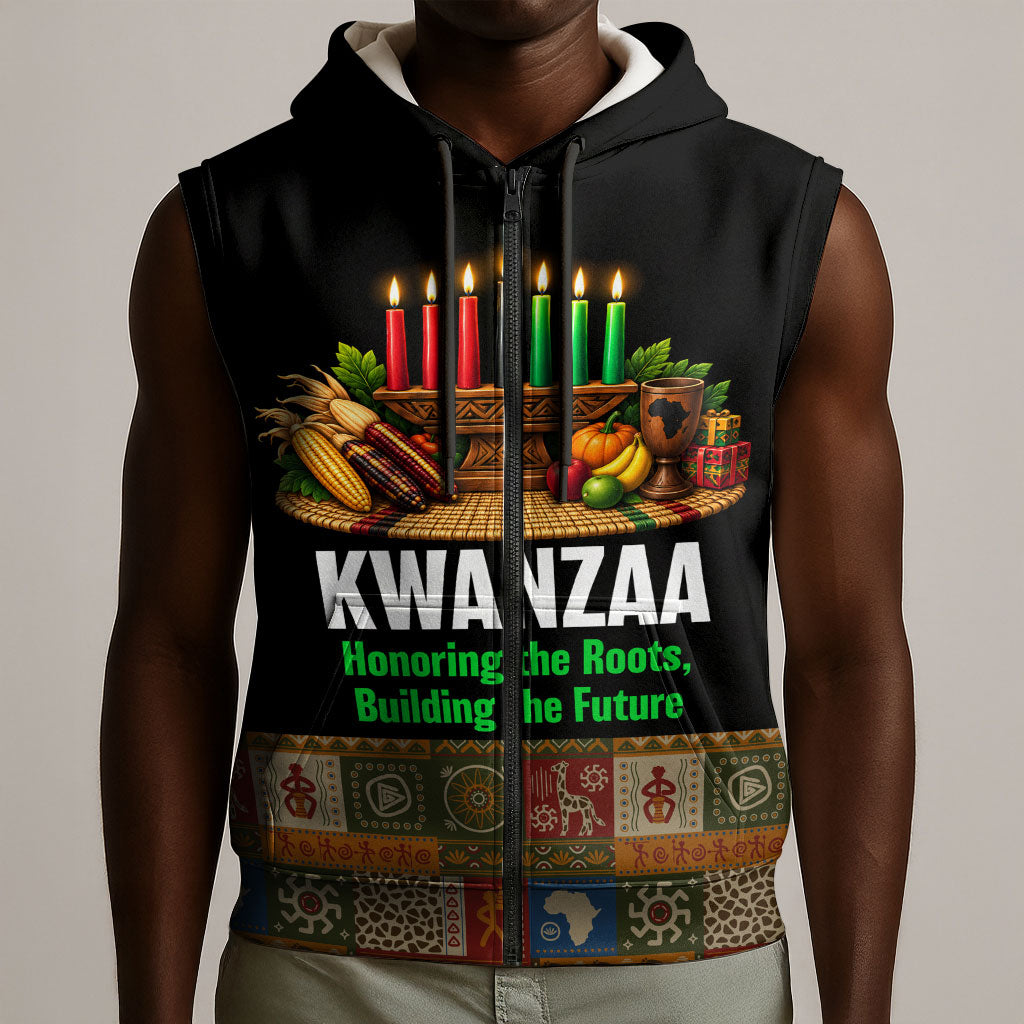 Kwanzaa Honoring The Roots Sleeveless Zip Hoodie Pan African Kinara Unity Traditional Tribal Art