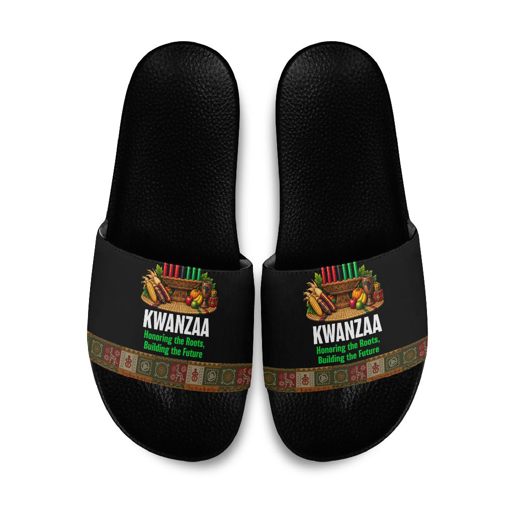 Kwanzaa Honoring The Roots Slide Sandals Pan African Kinara Unity Traditional Tribal Art
