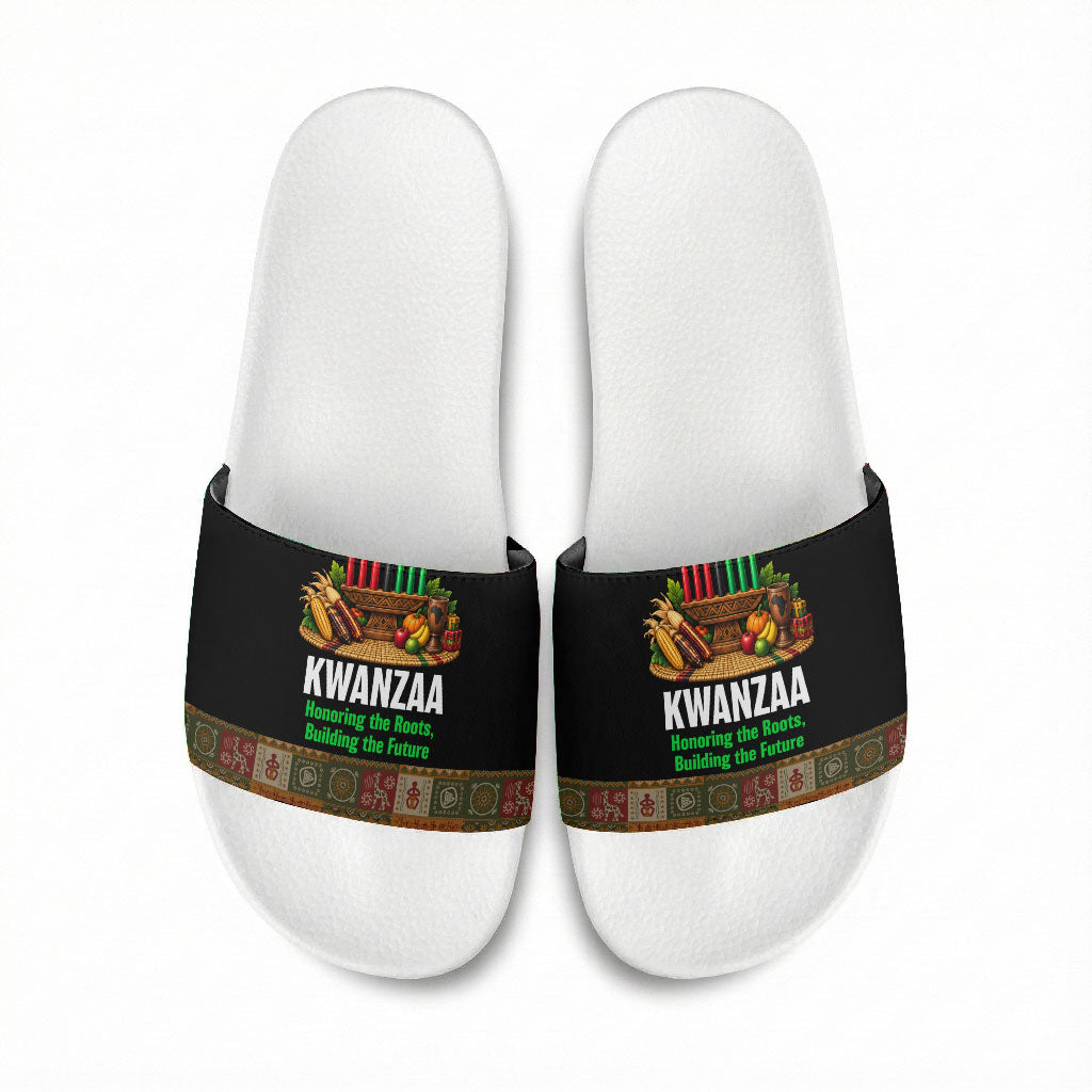 Kwanzaa Honoring The Roots Slide Sandals Pan African Kinara Unity Traditional Tribal Art