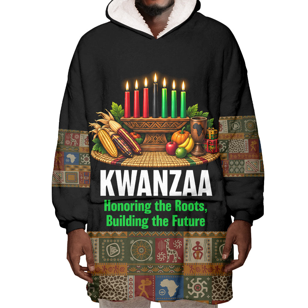 Kwanzaa Honoring The Roots Wearable Blanket Hoodie Pan African Kinara Unity Traditional Tribal Art