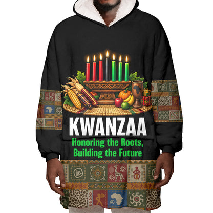 Kwanzaa Honoring The Roots Wearable Blanket Hoodie Pan African Kinara Unity Traditional Tribal Art