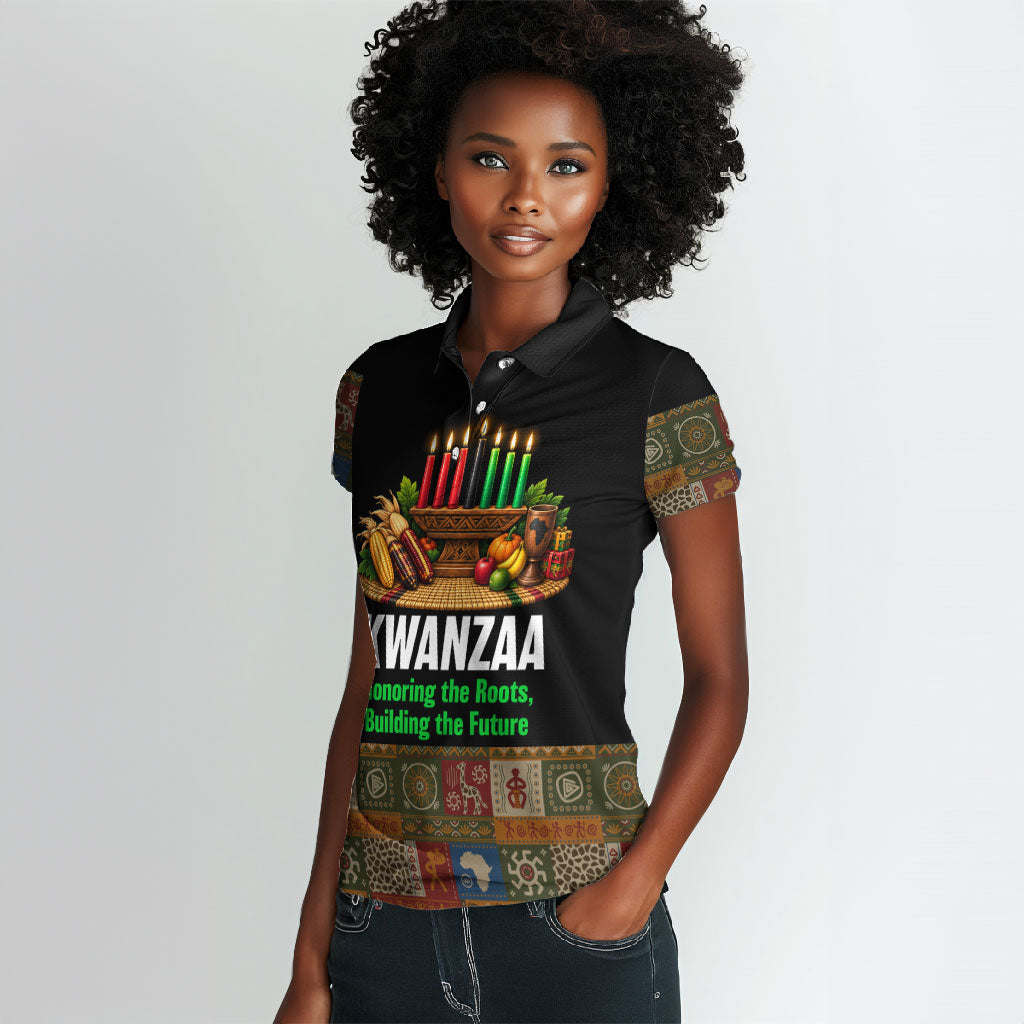 Kwanzaa Honoring The Roots Women Polo Shirt Pan African Kinara Unity Traditional Tribal Art