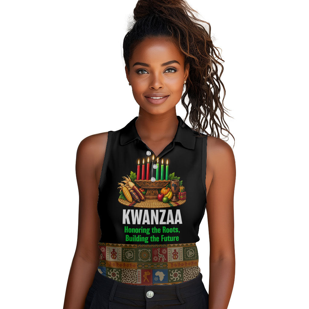 Kwanzaa Honoring The Roots Women Sleeveless Polo Shirt Pan African Kinara Unity Traditional Tribal Art