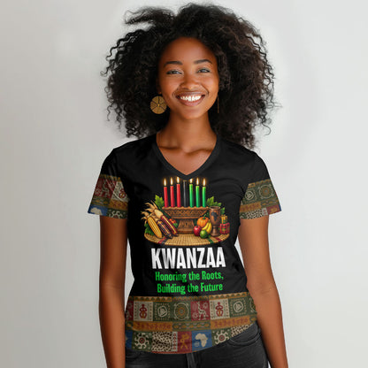 Kwanzaa Honoring The Roots Women V-Neck T-Shirt Pan African Kinara Unity Traditional Tribal Art
