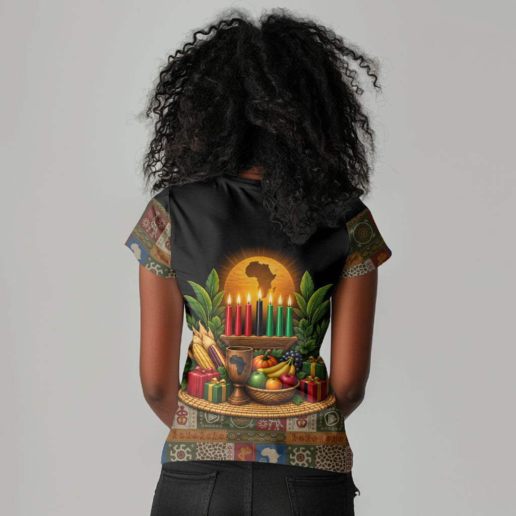 Kwanzaa Honoring The Roots Women V-Neck T-Shirt Pan African Kinara Unity Traditional Tribal Art