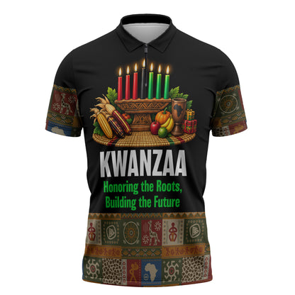 Kwanzaa Honoring The Roots Zipper Polo Shirt Pan African Kinara Unity Traditional Tribal Art