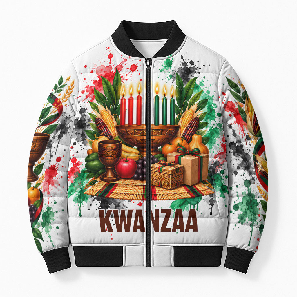 Kwanzaa Pan African Bomber Puffer Jacket - Mishumaa Saba - Black History - Watercolor Art