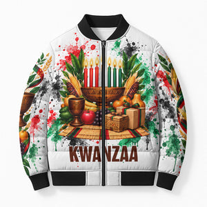 Kwanzaa Pan African Bomber Puffer Jacket - Mishumaa Saba - Black History - Watercolor Art