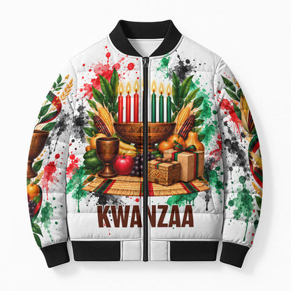 Kwanzaa Pan African Bomber Puffer Jacket - Mishumaa Saba - Black History - Watercolor Art