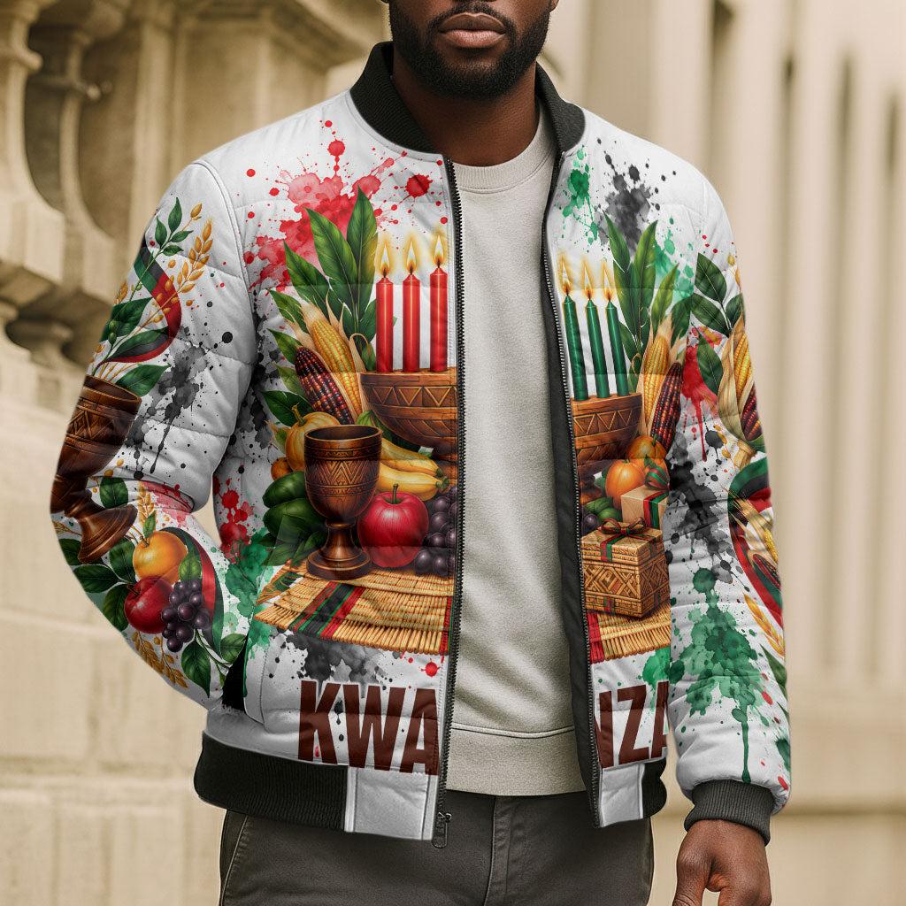 Kwanzaa Pan African Bomber Puffer Jacket - Mishumaa Saba - Black History - Watercolor Art