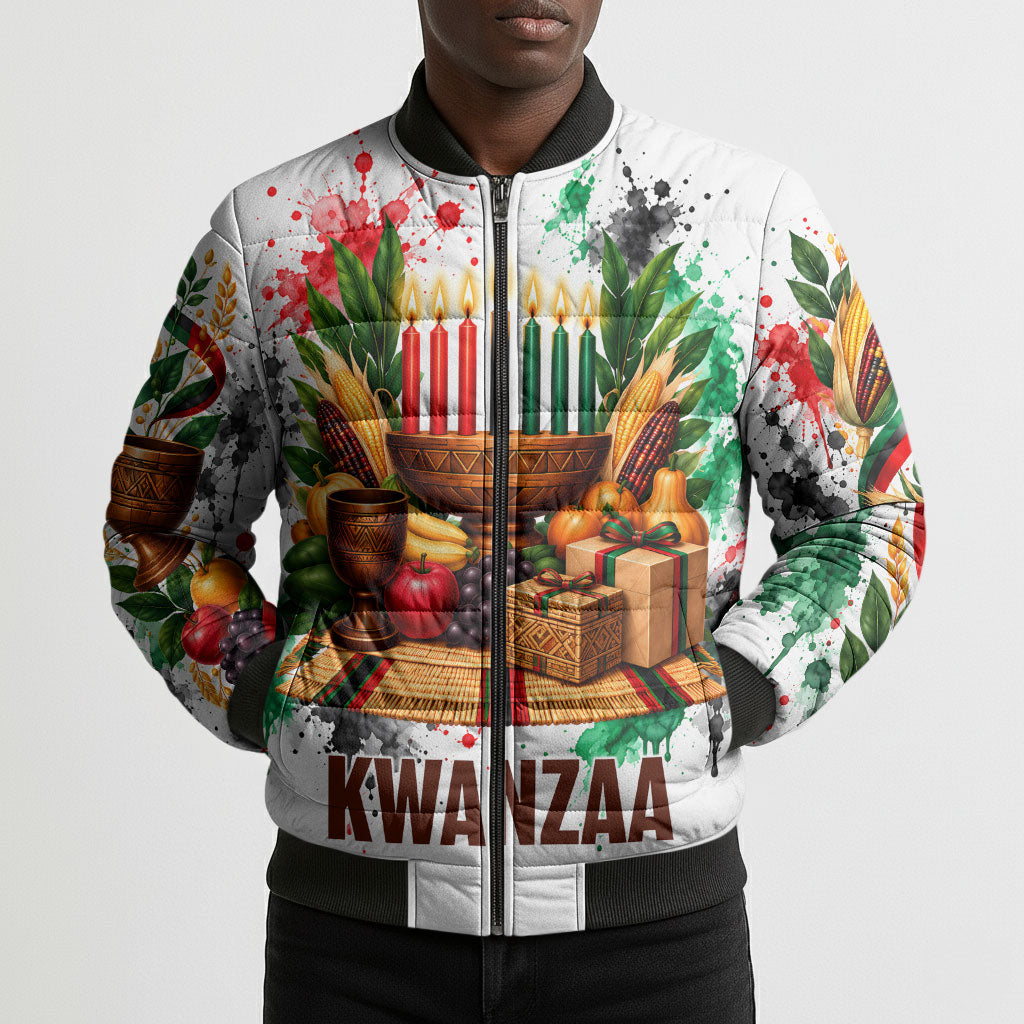 Kwanzaa Pan African Bomber Puffer Jacket - Mishumaa Saba - Black History - Watercolor Art