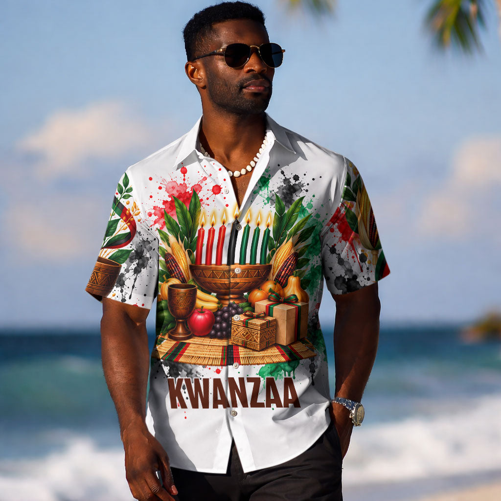 Kwanzaa Pan African Hawaiian Shirt - Mishumaa Saba - Black History - Watercolor Art