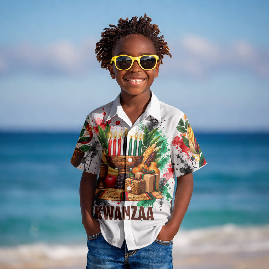 Kwanzaa Pan African Kid Hawaiian Shirt - Mishumaa Saba - Black History - Watercolor Art