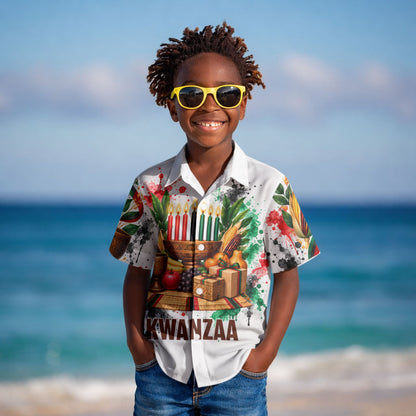 Kwanzaa Pan African Kid Hawaiian Shirt - Mishumaa Saba - Black History - Watercolor Art