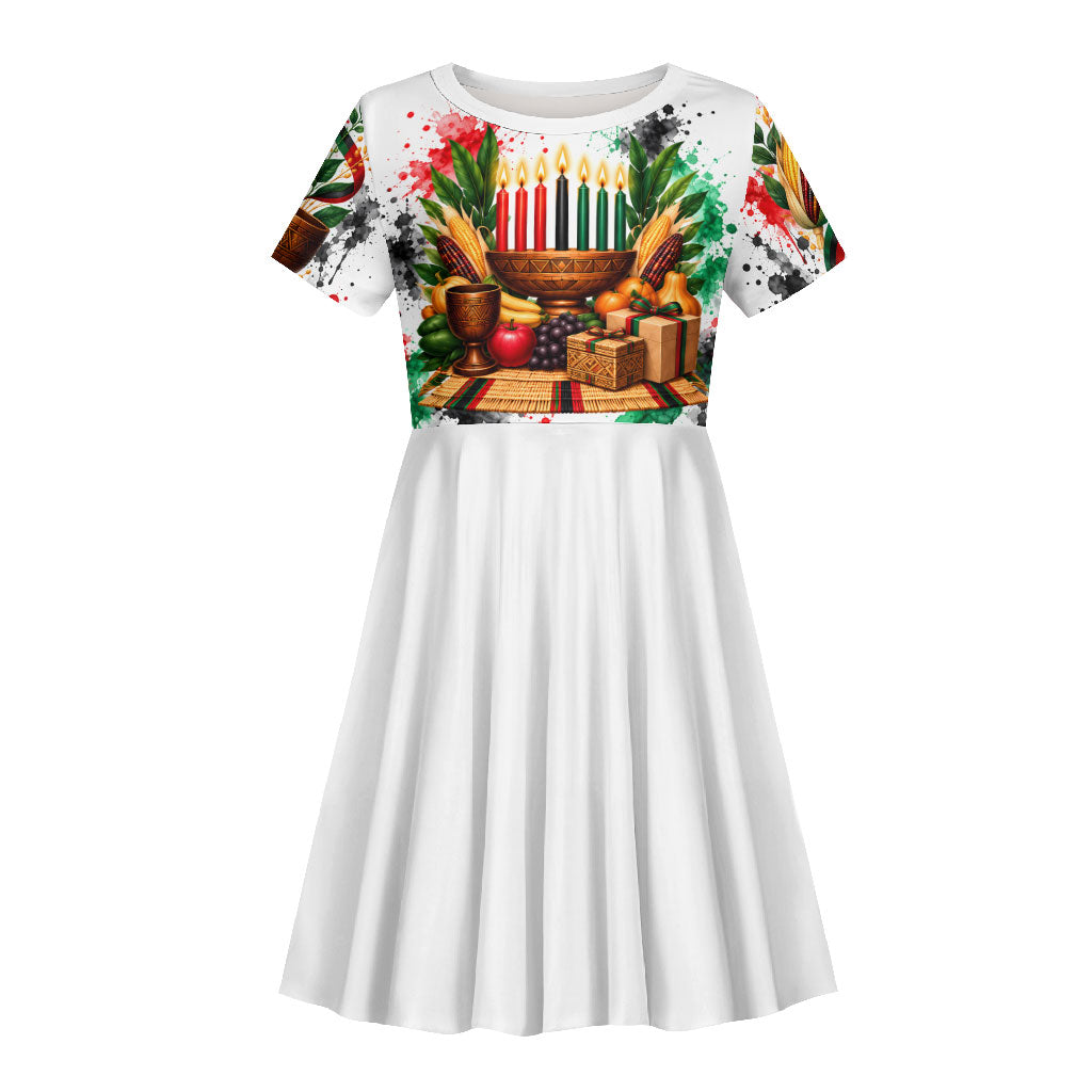 Kwanzaa Pan African Kid Short Sleeve Dress - Mishumaa Saba - Black History - Watercolor Art