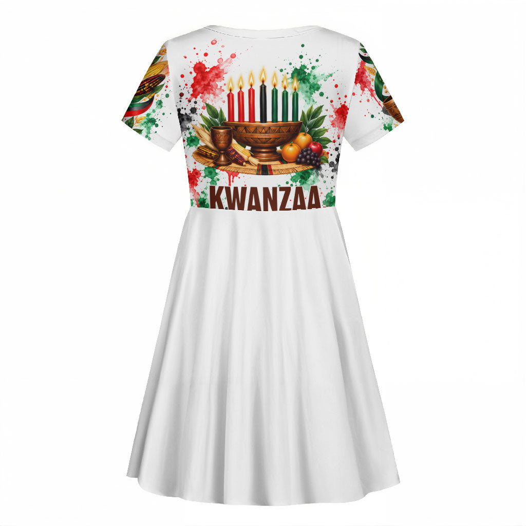 Kwanzaa Pan African Kid Short Sleeve Dress - Mishumaa Saba - Black History - Watercolor Art