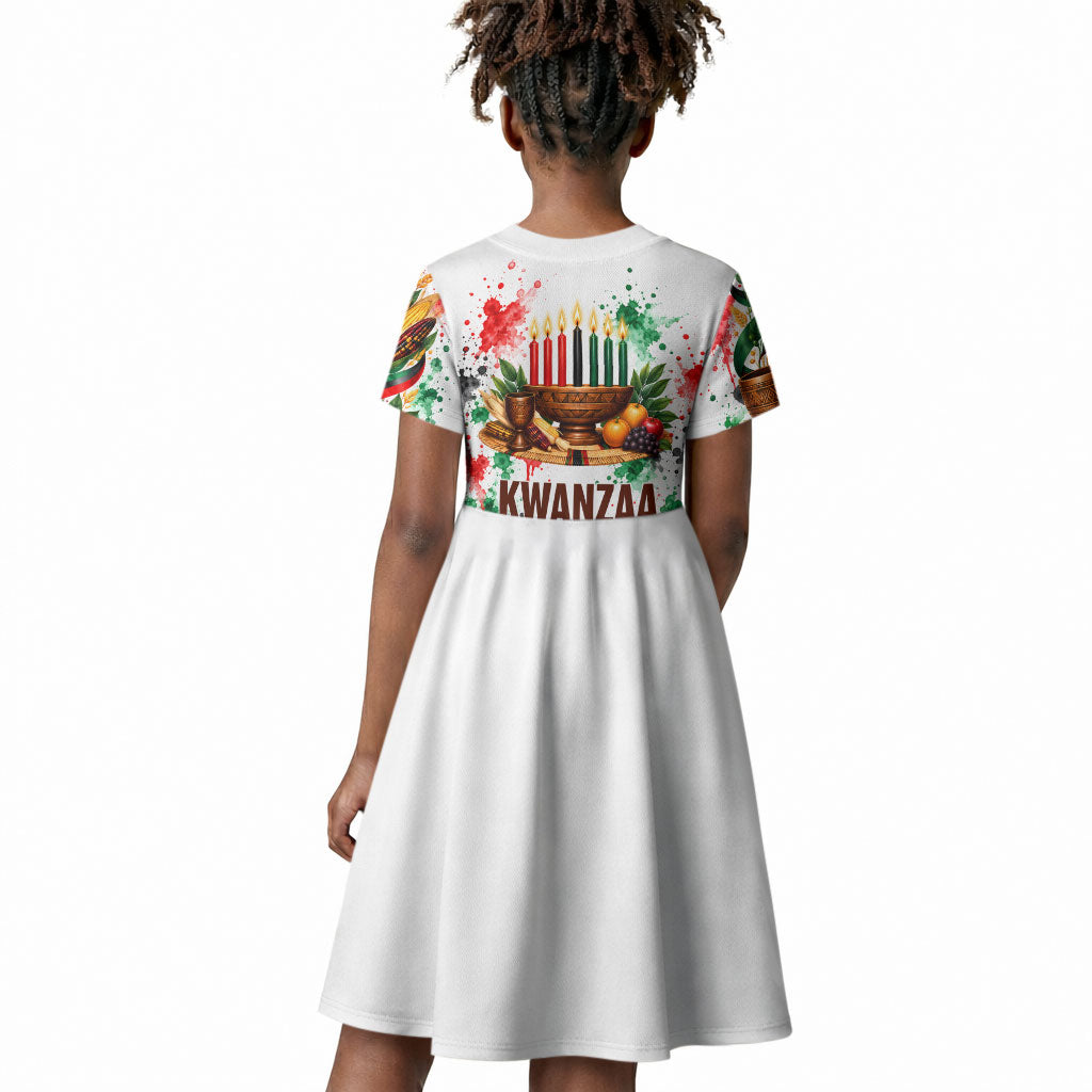 Kwanzaa Pan African Kid Short Sleeve Dress - Mishumaa Saba - Black History - Watercolor Art