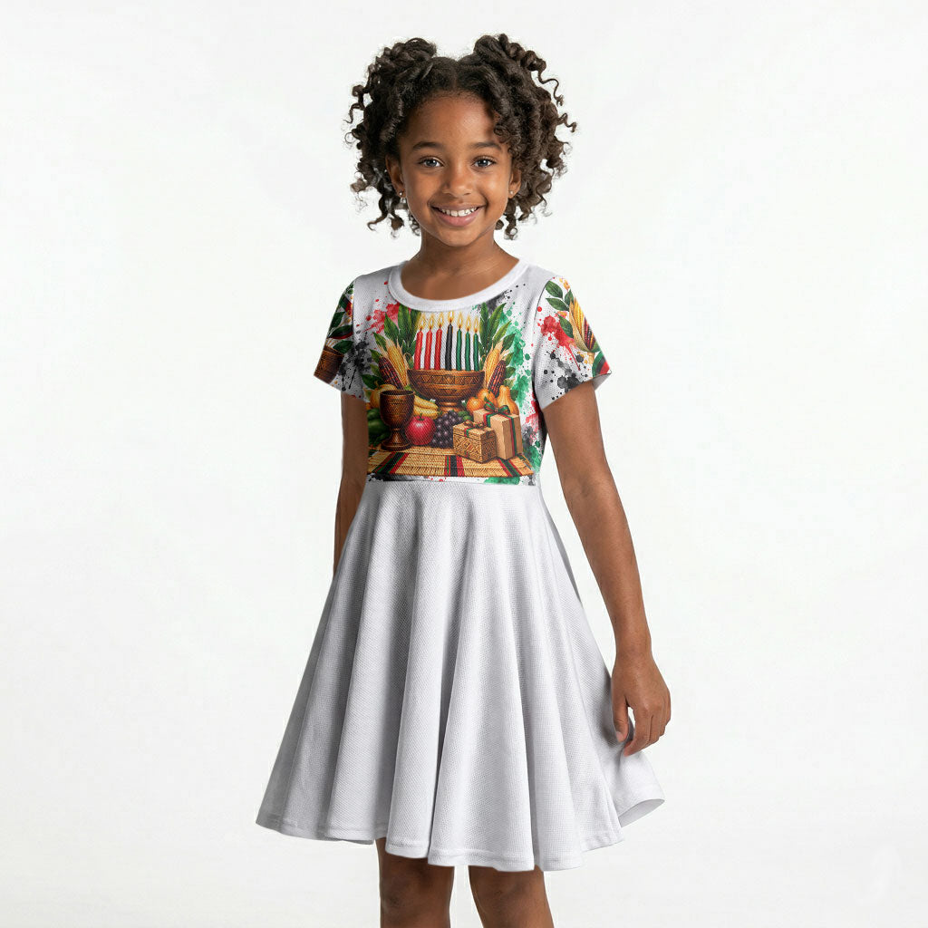 Kwanzaa Pan African Kid Short Sleeve Dress - Mishumaa Saba - Black History - Watercolor Art