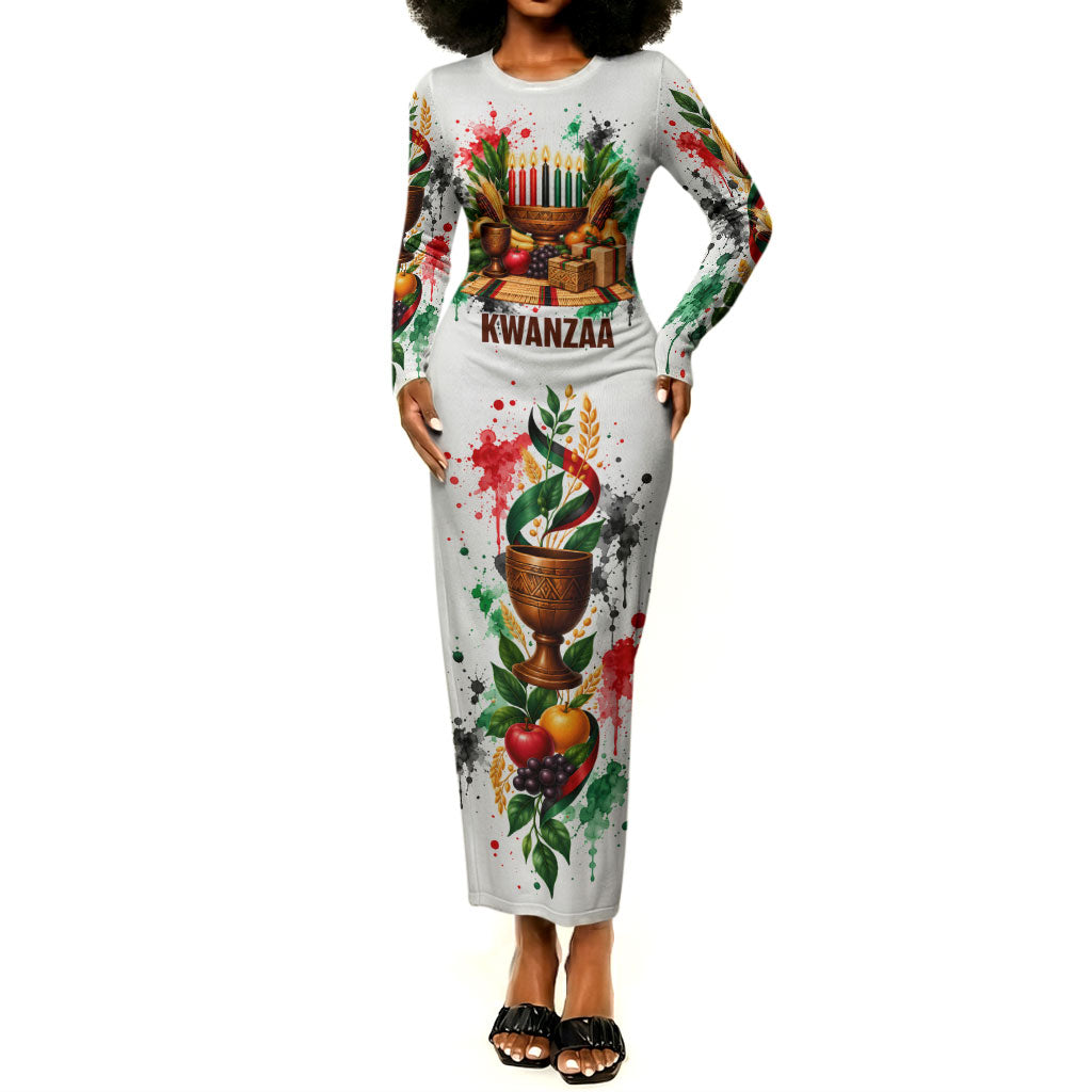 Kwanzaa Pan African Long Sleeve Bodycon Dress - Mishumaa Saba - Black History - Watercolor Art