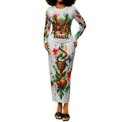 Kwanzaa Pan African Long Sleeve Bodycon Dress - Mishumaa Saba - Black History - Watercolor Art