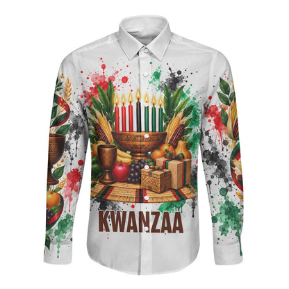 Kwanzaa Pan African Long Sleeve Button Shirt - Mishumaa Saba - Black History - Watercolor Art