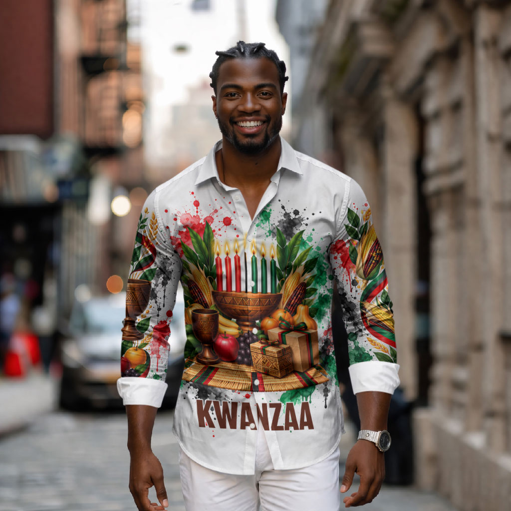 Kwanzaa Pan African Long Sleeve Button Shirt - Mishumaa Saba - Black History - Watercolor Art