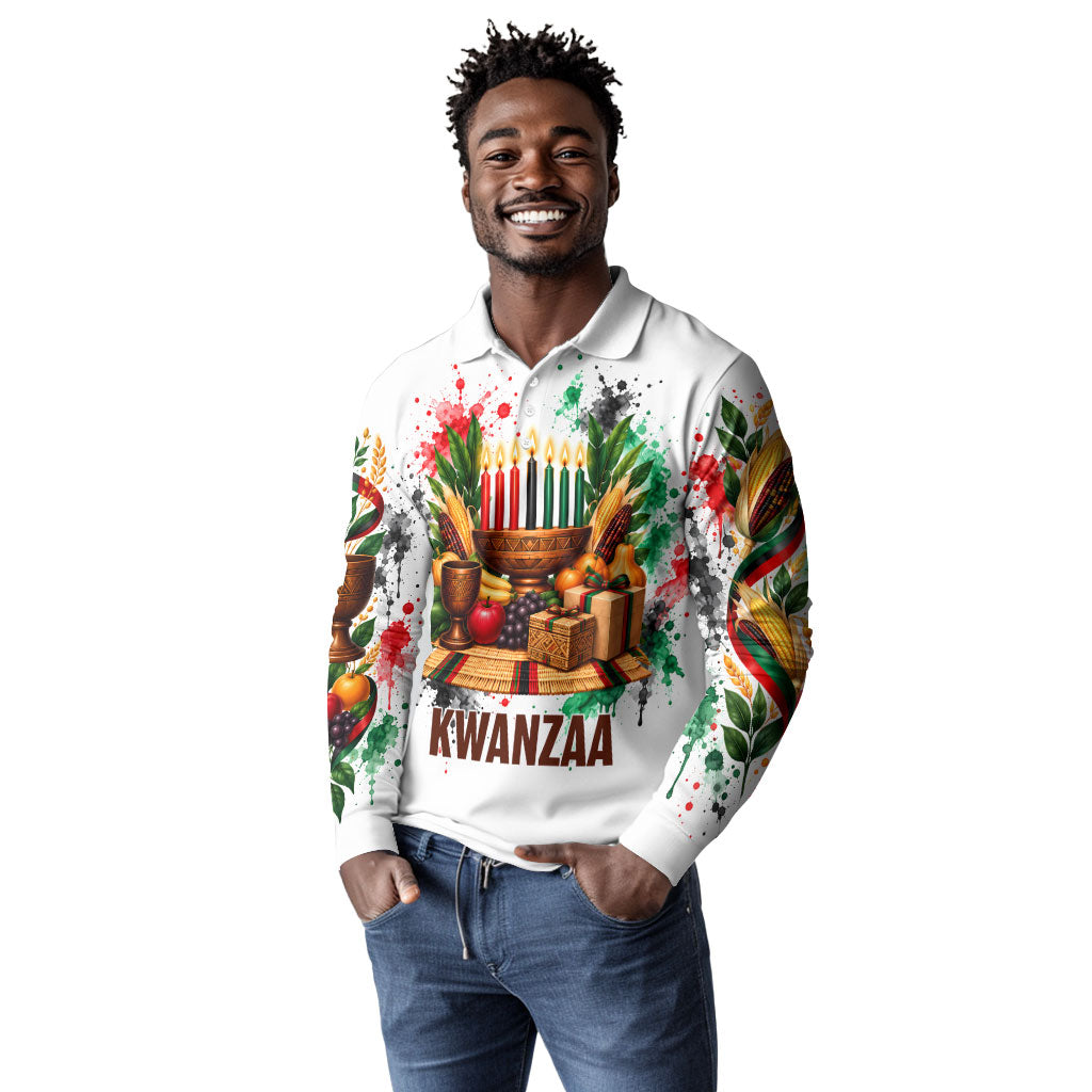 Kwanzaa Pan African Long Sleeve Polo Shirt - Mishumaa Saba - Black History - Watercolor Art