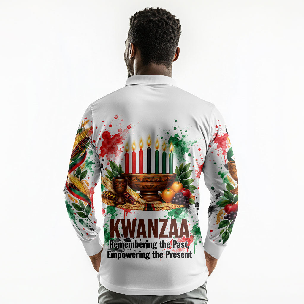Kwanzaa Pan African Long Sleeve Polo Shirt - Mishumaa Saba - Black History - Watercolor Art