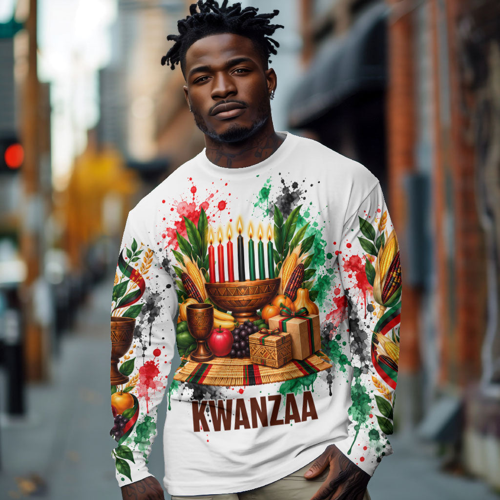 Kwanzaa Pan African Long Sleeve Shirt - Mishumaa Saba - Black History - Watercolor Art