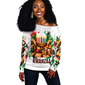 Kwanzaa Pan African Off Shoulder Sweater - Mishumaa Saba - Black History - Watercolor Art