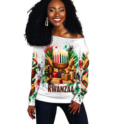 Kwanzaa Pan African Off Shoulder Sweater - Mishumaa Saba - Black History - Watercolor Art