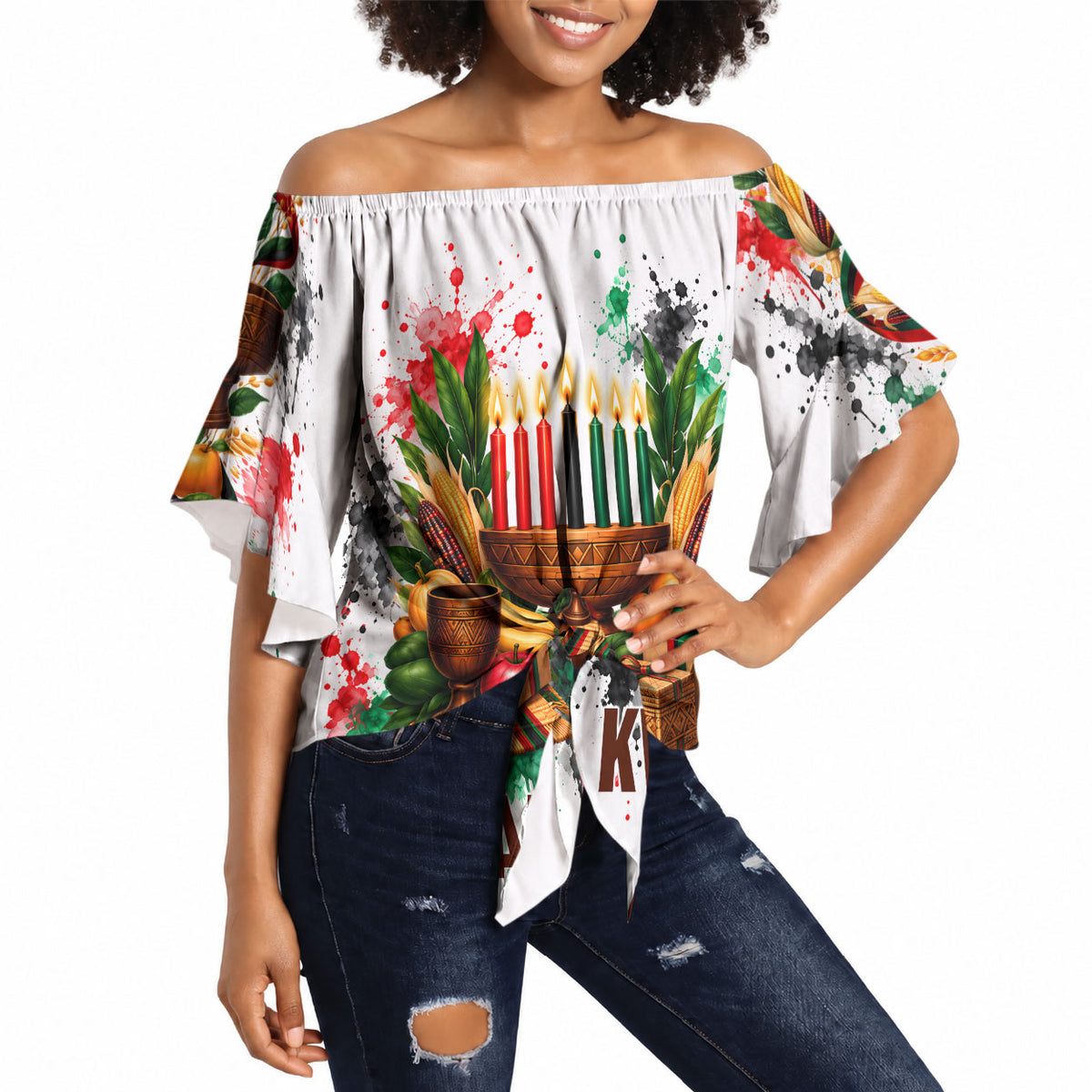 Kwanzaa Pan African Off Shoulder Wrap Waist Top - Mishumaa Saba - Black History - Watercolor Art