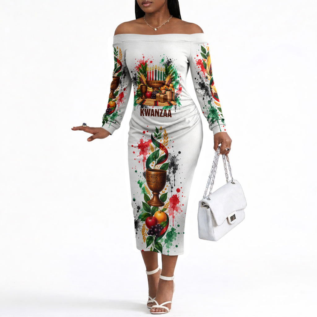 Kwanzaa Pan African Off The Shoulder Long Sleeve Dress - Mishumaa Saba - Black History - Watercolor Art