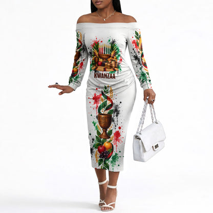 Kwanzaa Pan African Off The Shoulder Long Sleeve Dress - Mishumaa Saba - Black History - Watercolor Art