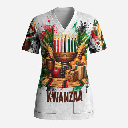 Kwanzaa Pan African Scrub Top - Mishumaa Saba - Black History - Watercolor Art
