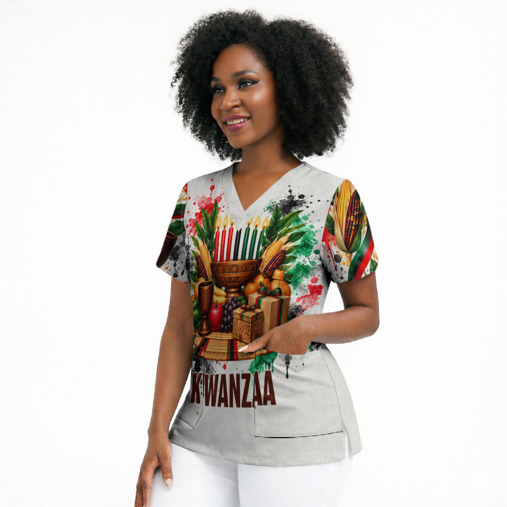 Kwanzaa Pan African Scrub Top - Mishumaa Saba - Black History - Watercolor Art
