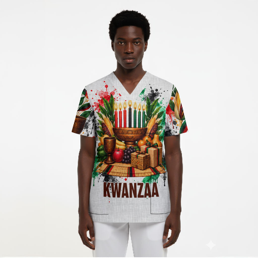 Kwanzaa Pan African Scrub Top - Mishumaa Saba - Black History - Watercolor Art