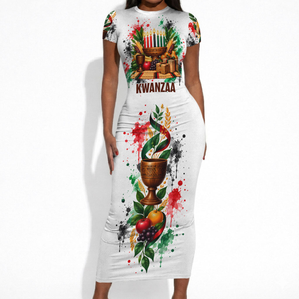 Kwanzaa Pan African Short Sleeve Bodycon Dress - Mishumaa Saba - Black History - Watercolor Art
