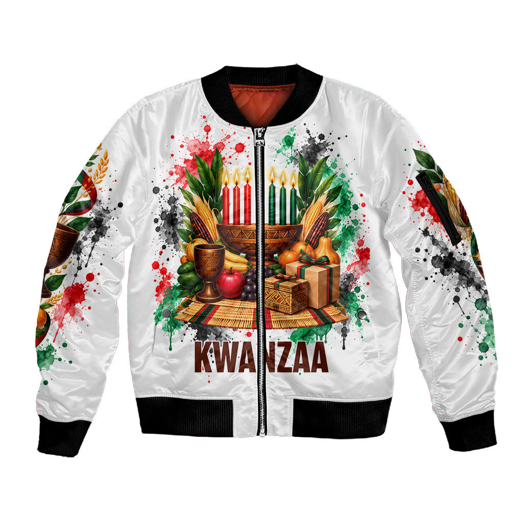Kwanzaa Pan African Sleeve Zip Bomber Jacket - Mishumaa Saba - Black History - Watercolor Art